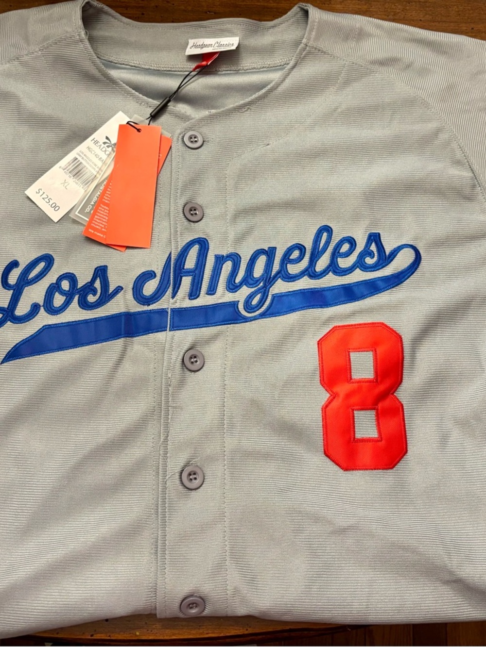 Gray Baseball-Style Shirt Jacket Jersey with Blue Script and Red 8 - Kobe Bryant